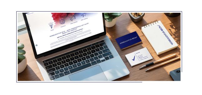 Tisch mit Briefbogen, Visitenkarte und einem offenen Laptop