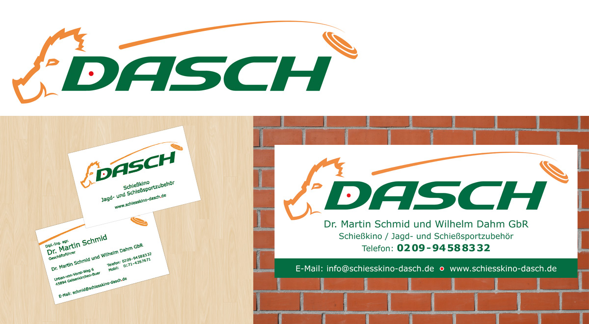 Logo, Visitenkarten und Schild des Schießkino Dasch