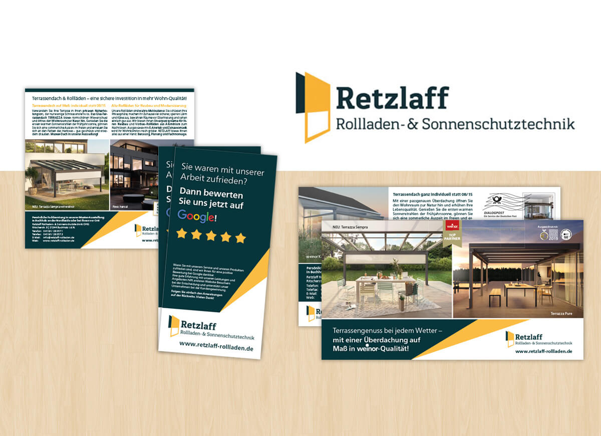 Anzeige, Bewertungsflyer und Mailing via Maxikarte für Retzlaff Rolladentechnik