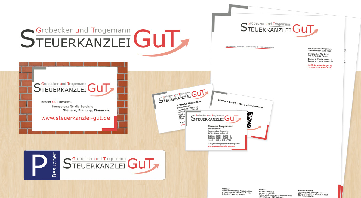 Logo,Visitenkarte, Briefbogen und Schilder der Steuerkanzlei GuT